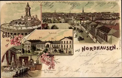 Litho Nordhausen am Harz, Kaiser Wilhelm Denkmal, Kyffhäuser, Bahnhof mit Restaurant