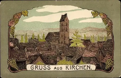 Künstler Ak Poeschel, Kirchen an der Sieg, Blick auf den Ort, Kirche, Weinreben