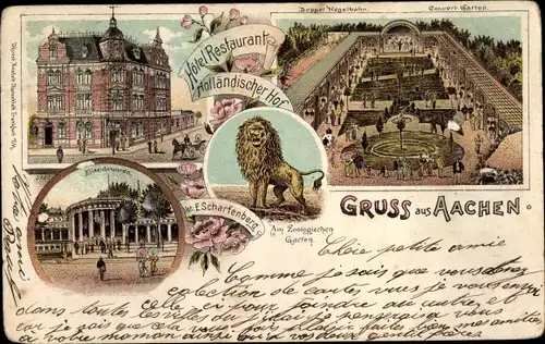 Litho Aachen in Nordrhein Westfalen, Elisenbrunnen, Löwe, Hotel Holländischer Hof