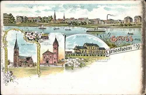 Litho Griesheim Frankfurt am Main, Bahnhof, Katholische und Evangelische Kirche, Totalanse