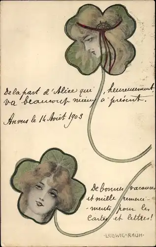 Jugendstil Künstler Ak Rauh, Ludwig, Kleeblätter mit Frauenportraits
