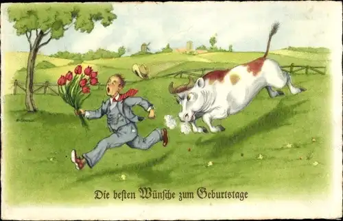 Ak Glückwunsch Geburtstag, Mann mit Tulpenstrauß wird von einem Stier gejagt