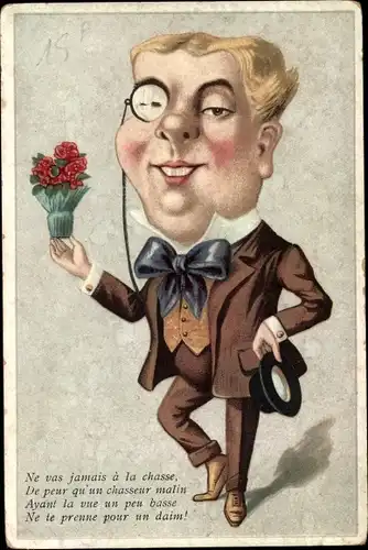 Ak Ne vas jamais a la chasse, Mann im Anzug mit Blumentopf, Monokel