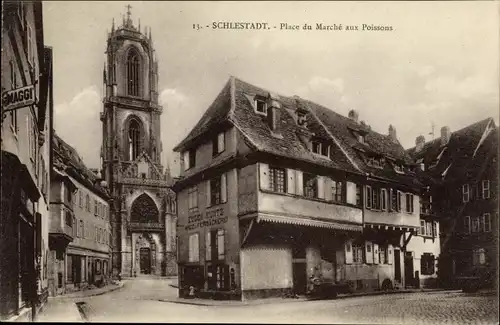 Ak Sélestat Schlettstadt Elsass Bas Rhin, Place du Marche aux Poissons, Kirche, Bäckerei