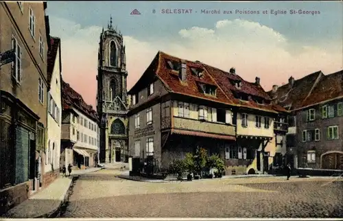 Ak Sélestat Schlettstadt Elsass Bas Rhin, Marche aux Poissons et Eglise Saint Georges
