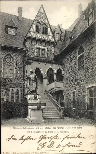 Ak Burg an der Wupper Solingen, Monumentalbrunnen m. Statue d. Grafen Adolf v. Berg im Schlosshof