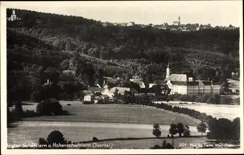 Foto Ak Schäftlarn Oberbayern, Kloster Schäftlarn, Gesamtansicht mit Hohenschäftlarn, Isartal