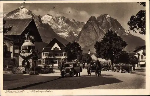 Ak Garmisch Partenkirchen in Oberbayern, Marienplatz, Automobile