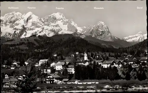 Ak Krün in Oberbayern, Gesamtansicht, Zugspitze, Alpspitze, Daniel, Hochblassen