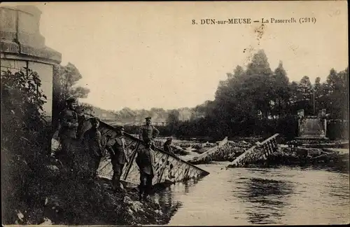 Ak Dun sur Meuse, La Passerelle, zerstörte Brücke, Kriegszerstörung I. WK