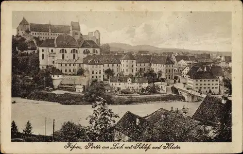 Ak Füssen im Ostallgäu, Partie am Lech mit Schloss und Kloster