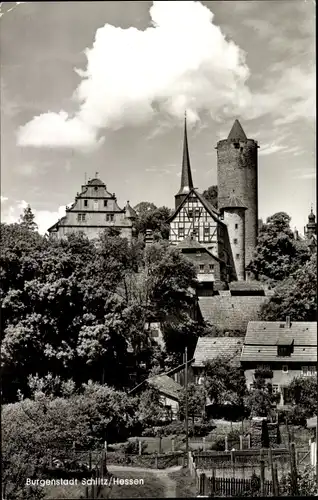 Ak Schlitz im Vogelsbergkreis, Hinterburg, Fachwerkgiebel ehem. Rentnerei