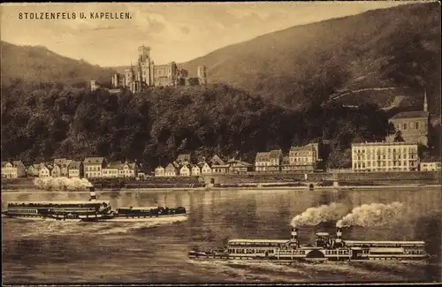 Ak  Kapellen Stolzenfels Koblenz, Blick auf den Ort, Schloss, Salondampfer