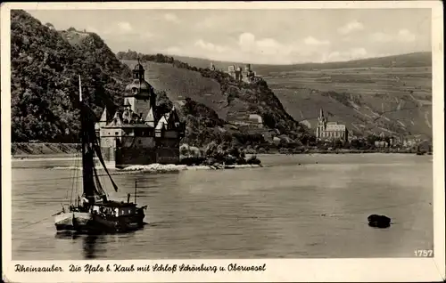 Ak Caub Kaub am Rhein, Burg Pfalzgrafenstein, Pfalz, Schloss Schönburg, Oberwesel, Fischerboot