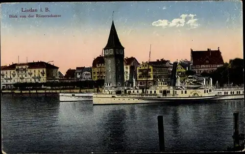 Ak Lindau am Bodensee Schwaben, Blick von der Römerschanze, Salondampfer