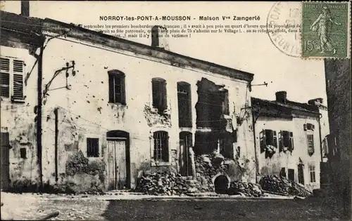 Ak Norroy-lès-Pont-à-Mousson Meurthe-et-Moselle, Maison Vve Zaengerlé, Kriegszerstörung 1. WK