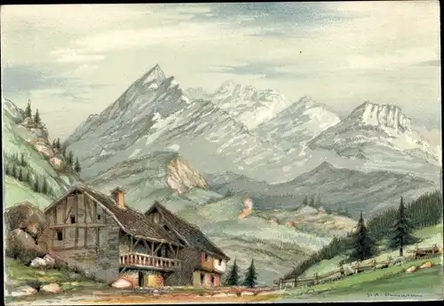 Künstler Ak, Alpenpanorama, Fachwerkhaus, Visages de la France, Les Alpes