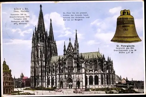 Ak Köln am Rhein, Dom Südseite, St. Peter, St. Petersglocke