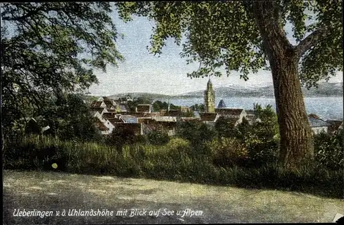 Ak Überlingen am Bodensee, Teilansicht mit See und Alpen