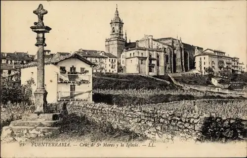 Ak Hondarribia Fuenterrabia Baskenland, Cruz de S. Marci y la Iglesia