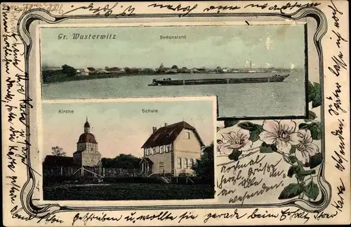 Ak Großwusterwitz Wusterwitz in Brandenburg, Seeansicht, Kirche, Schule