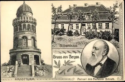 Ak Bergen auf der Insel Rügen, Theodor Billroth, Billrothhaus, Arndtturm