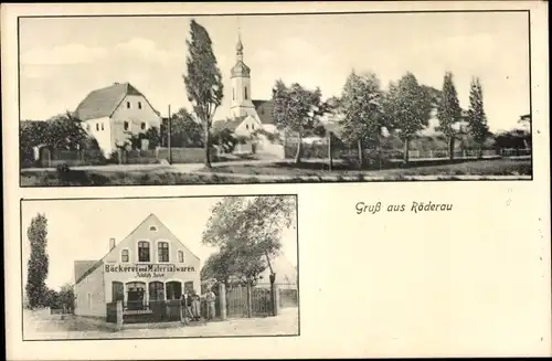 Ak Röderau Zeithain in Sachsen, Bäckerei und Materialwarenhandlung, Blick auf den Ort, Kirche