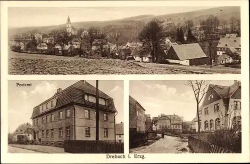 Ak Drebach im Erzgebirge, Gesamtansicht, Postamt, Straße