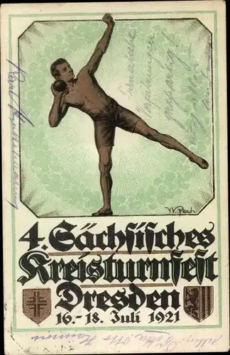 Künstler Ak  W. Pech, Dresden, 4. Sächs. Kreisturnfest 1921, Festsportkarte Nr.1, Der Kugelstoßer