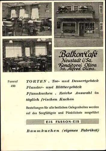 Ak Neustadt in Sachsen, Balkon Café Konditorei Oliva