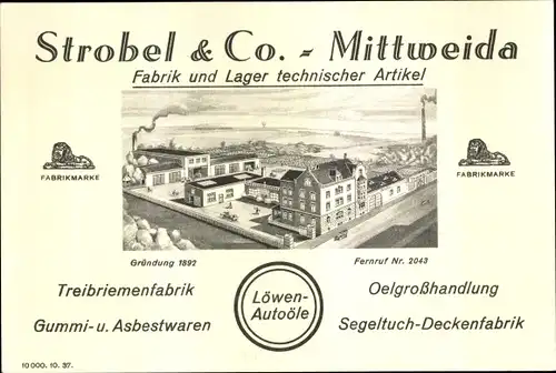 Ak Mittweida in Sachsen, Fabrik Strobel & Co., Lager technischer Artikel, Löwen Autoöle