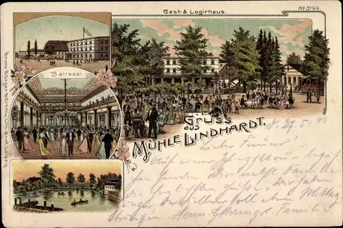 Litho Lindhardt Naunhof Sachsen, Mühle Lindhardt, Gasthaus, Ballsaal