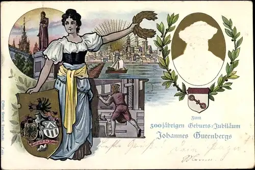 Präge Wappen Litho Mainz, 500jähriges Geburtsjubiläum Johannes Gutenberg, Druckerei