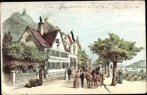 Litho Königswinter am Rhein, Weinhandlung und Restauration Bellinghausen, Kutsche