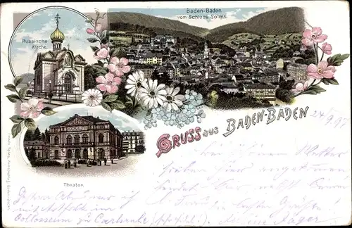 Litho Baden Baden am Schwarzwald, Russische Kirche, Blick vom Schloss Solms, Theater