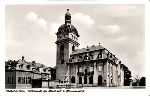 Ak Weilburg an der Lahn Hessen, Schlosskirche, Marktplatz, Neptunbrunnen