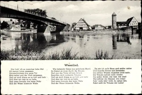 Lied Ak Holzminden in Niedersachsen, Uferpartie mit Blick auf Brücke und Ort, Weserlied