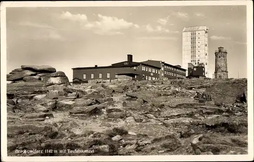 Ak Brocken Nationalpark Harz, Brockenhaus, Hotel, Teufelskanzel