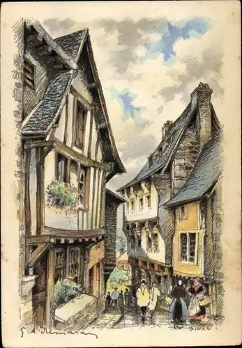 Künstler Ak, Dinan Côtes-d’Armor, VIeilles Maisons de la Rue du Petit-Port