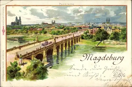 Litho Magdeburg an der Elbe, Panorama, Brücke