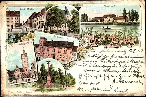 Litho Zörbig Sachsen Anhalt, Lange Straße, Tor, Kirche, Rathaus, Dorotheenhof