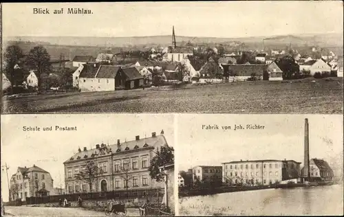 Ak Mühlau in Sachsen, Panorama vom Ort, Schule und Postamt, Fabrik Joh. Richter