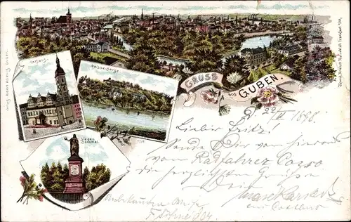 Litho Guben in der Niederlausitz, Rathaus, Siegesdenkmal, Totalansicht der Ortschaft