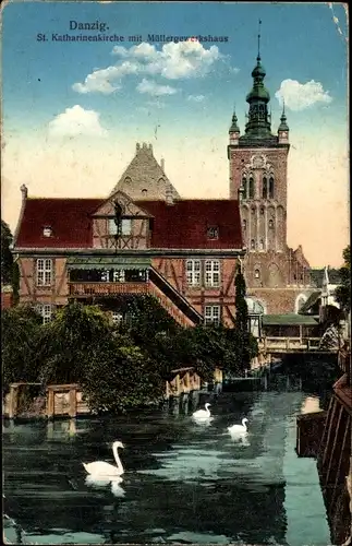 Ak Gdańsk Danzig, St. Katharinenkirche mit Müllergewerkshaus 