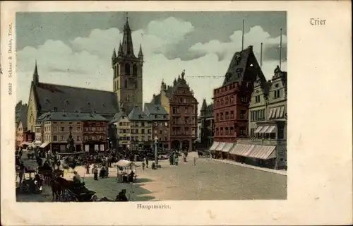 Ak Trier in Rheinland Pfalz, Blick auf den Hauptmarkt, Turm, Passanten