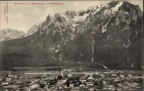 Ak Mittenwald in Oberbayern, Gesamtansicht, Karwendel, Calvarienberg