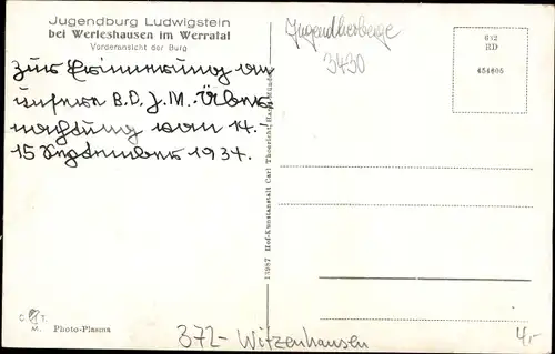 Ak Werleshausen Witzenhausen an der Werra, Jugendburg Ludwigstein