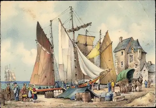 Künstler Ak Barday, Segelschiffe, Anlegestelle, Kutsche