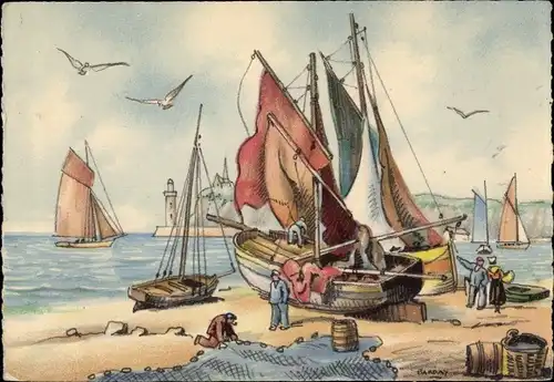 Künstler Ak Barday, Segelschiffe, Anlegestelle, Möwen