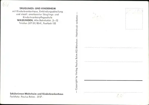 Ak Waiblingen in Württemberg, Säuglings- und Kinderheim, Kinderkrankenhaus